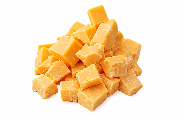 Pile of cubed orange cheddar cheese on a white background.