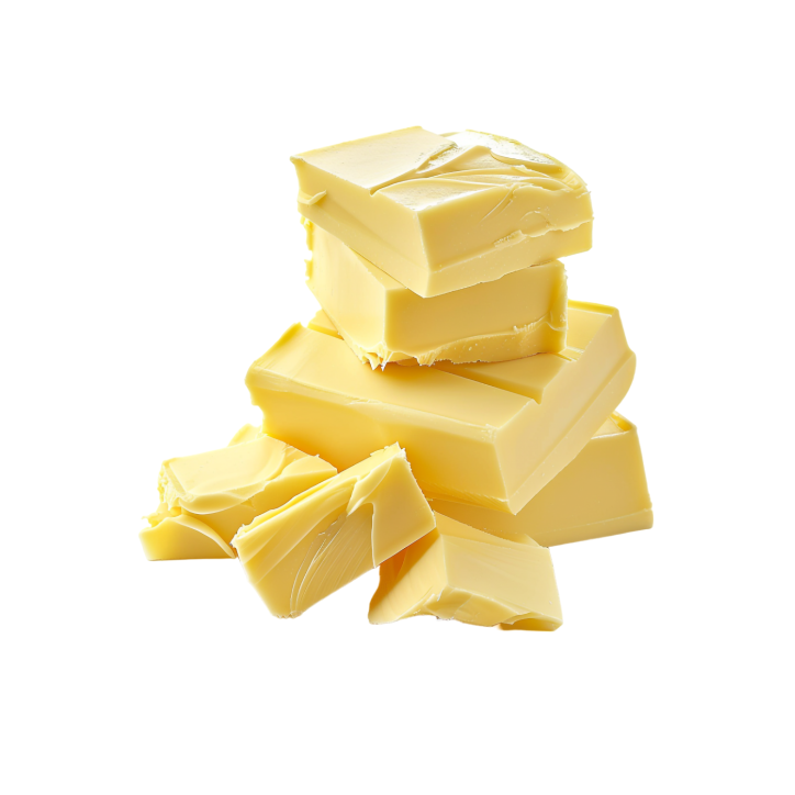 Stacked slices of fresh yellow butter on a white background.