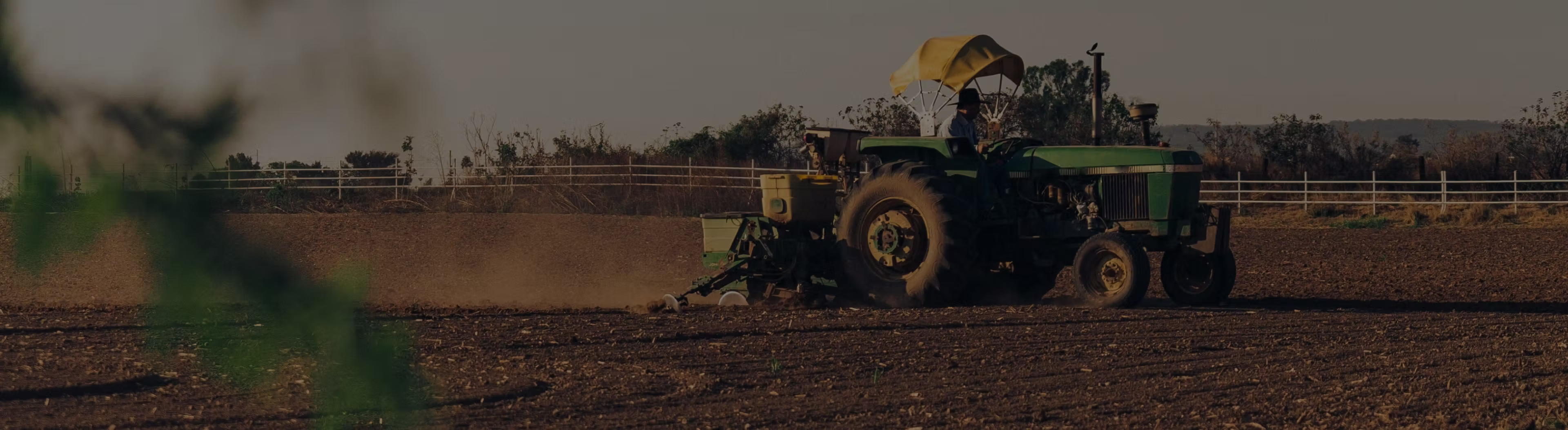 Green tractor with yellow canopy plowing a dusty field at sunset.