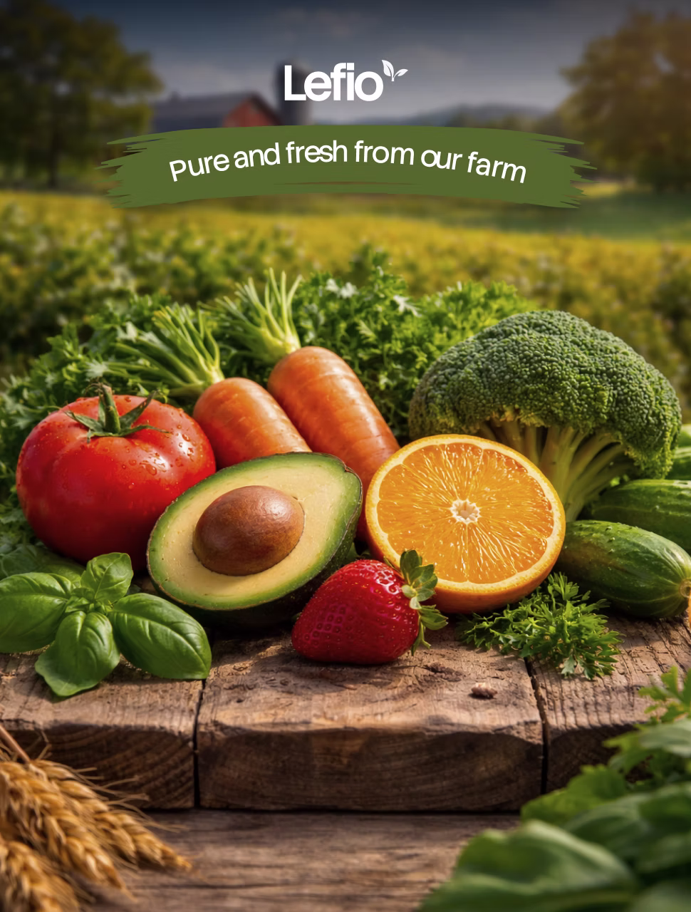 Fresh vegetables and fruits on rustic wood, including tomato, avocado, carrot, orange, strawberry, broccoli, and basil.