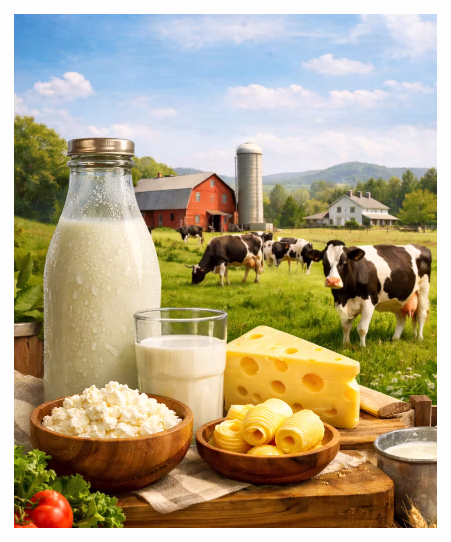 Dairy farm scene with cows in a field and dairy products like milk, cheese, butter, and cottage cheese.