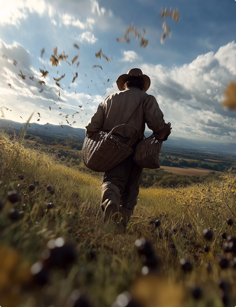 Person wearing a hat walking through a field carrying two wicker baskets during daytime.