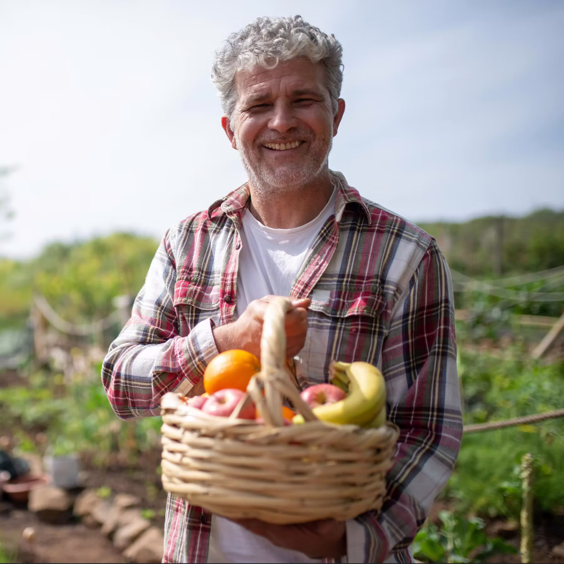 Smiling man holding basket with apples, bananas, and oranges outdoors in a garden or farm.