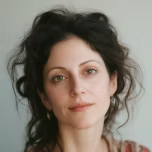 Woman with curly dark hair and light skin looking calmly at the camera against a plain background.