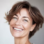 Smiling woman with short wavy brown hair looking at the camera against a neutral background.