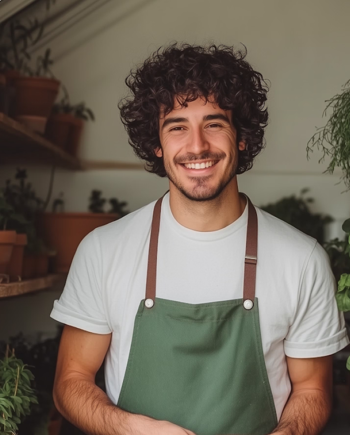 Smiling man with curly hair wearing a green apron standing in a plant-filled room.