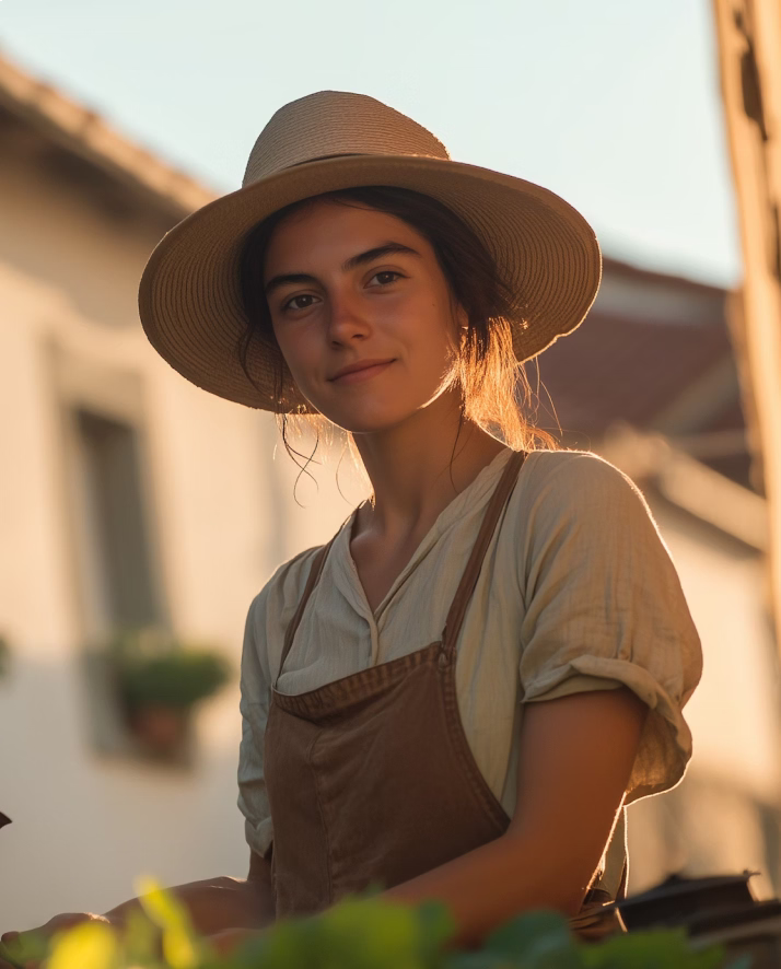 Young woman wearing a wide-brimmed hat and apron standing outdoors with soft sunlight.