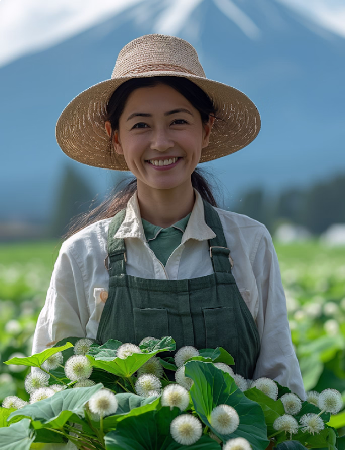 Smiling woman in a straw hat and green apron holding green leaves and white flowers outdoors.