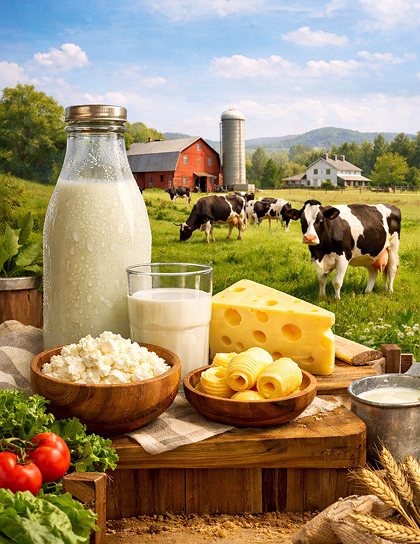 Fresh dairy products including milk, cheese, butter, and cottage cheese with cows and farm in background.