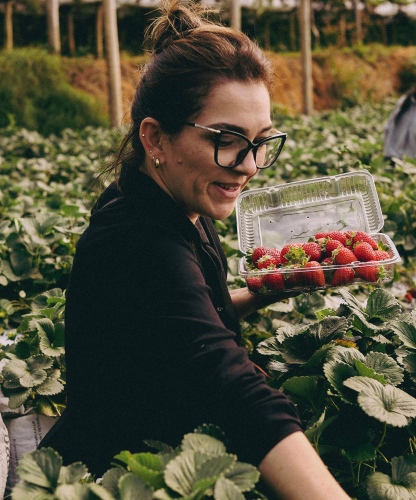 Woman with glasses holding container of strawberries in a green strawberry field.