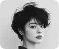 Black and white portrait of a young person with short, tousled hair and a neutral expression.