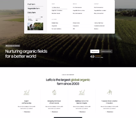 Website homepage showing organic farm fields and text about Leflo as a leading global organic farm since 2003.