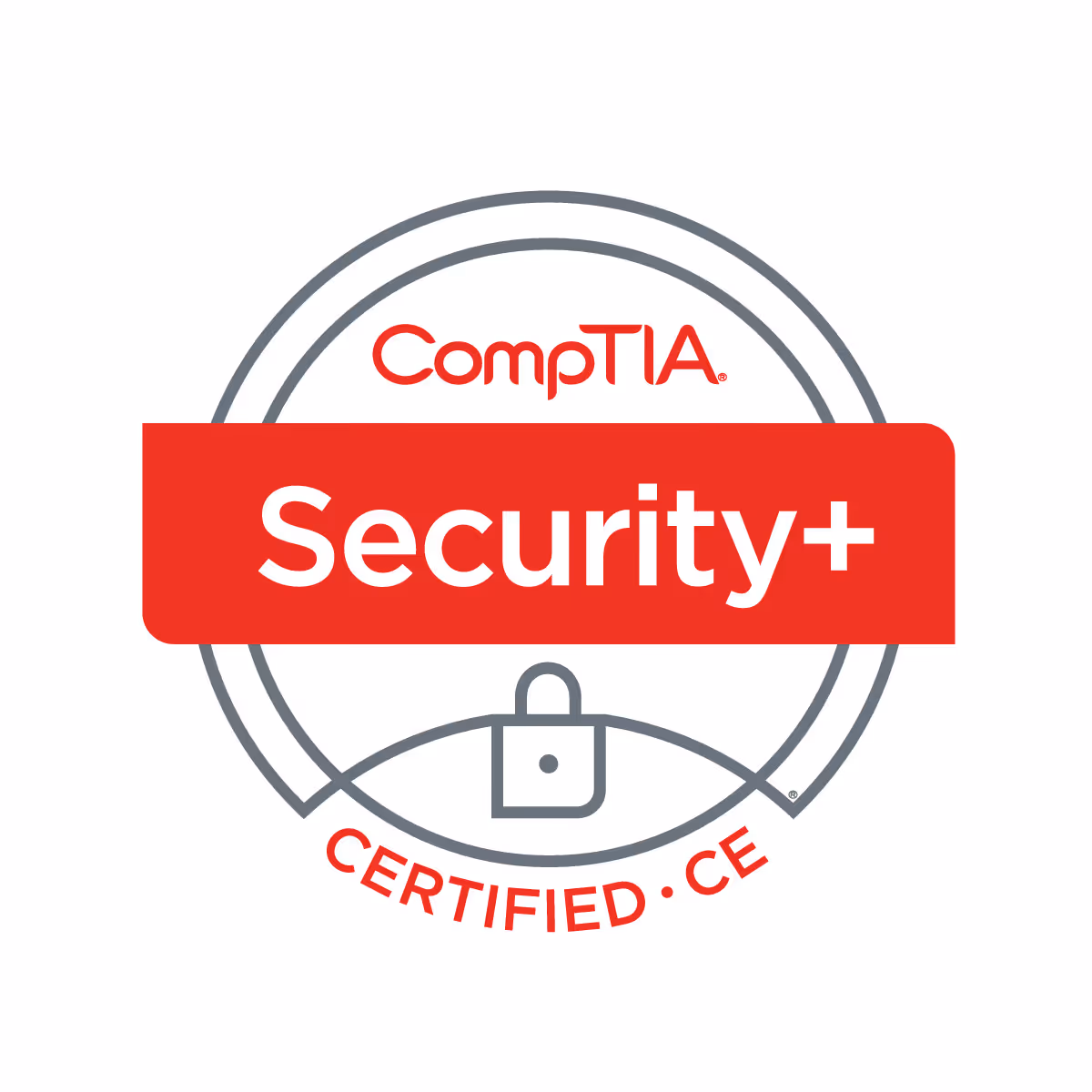 CompTIA Security+ Certified CE badge with padlock icon, cybersecurity certification logo for IT professionals