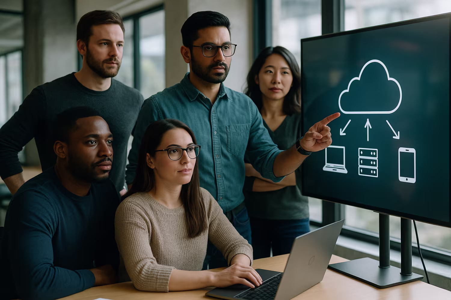 Diverse IT team discussing cloud migration challenges
