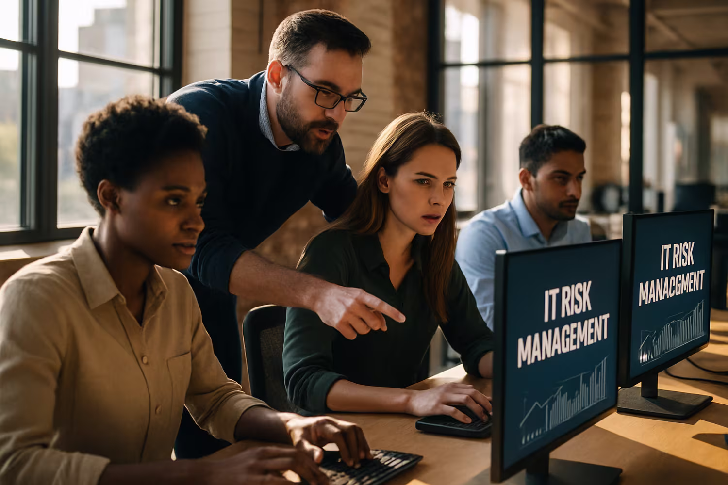Diverse team collaboratively handling IT risk management