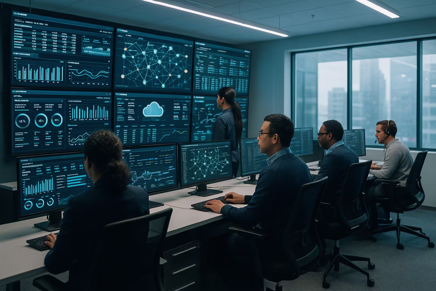 Diverse professionals monitoring IT infrastructure