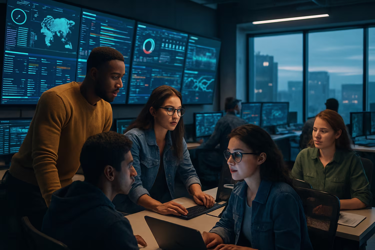 Diverse professionals in IT infrastructure monitoring center