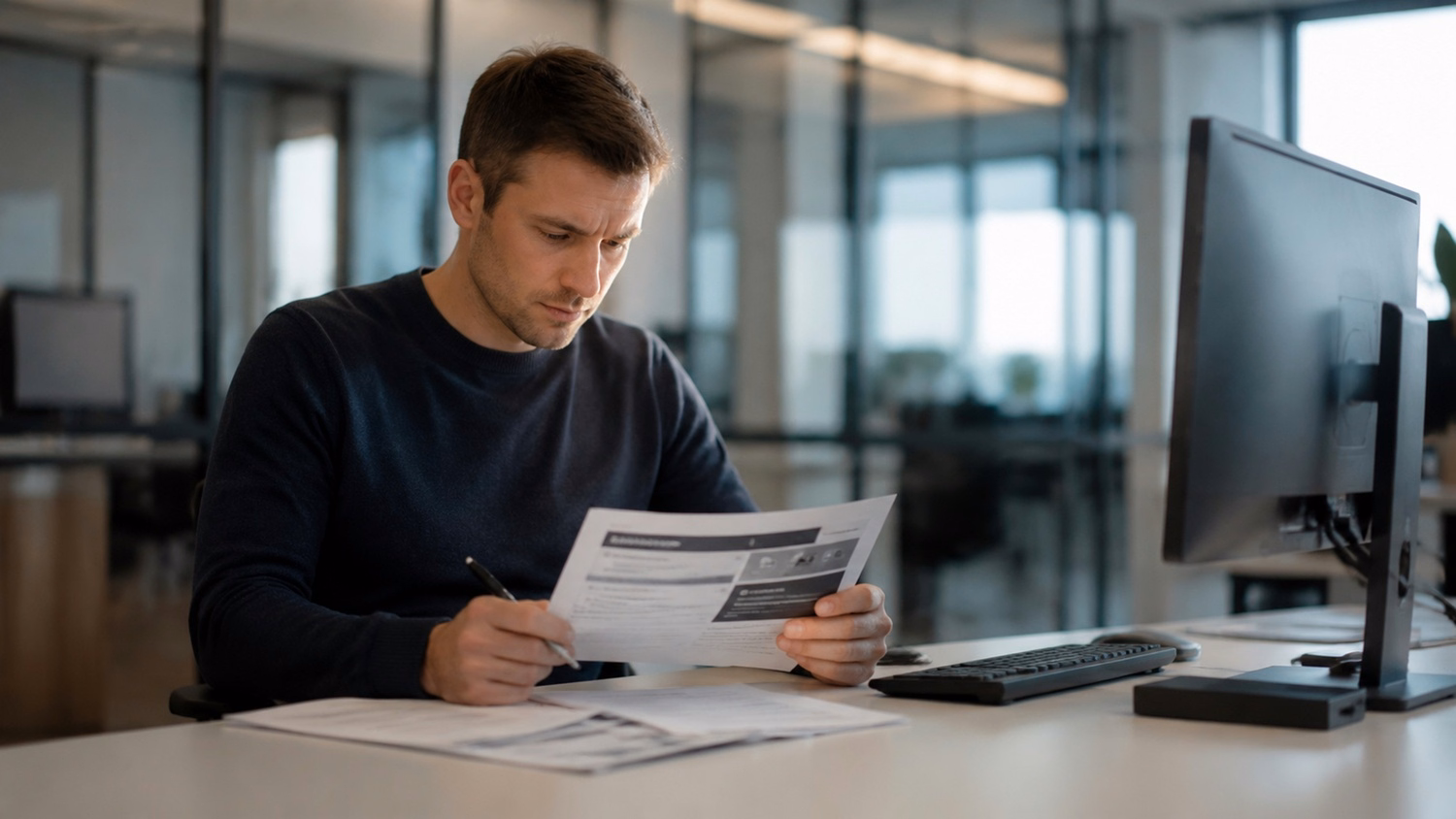 FOCUSED READING An IT professional one person seated at a desk reading print