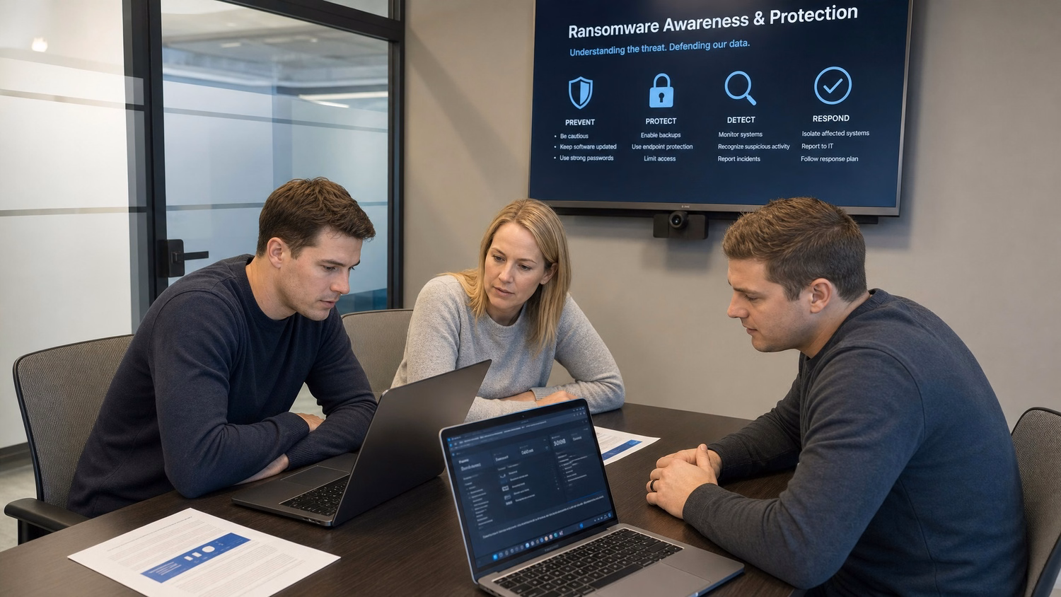 SMALL CONFERENCE ROOM An IT professional three people seated around a small