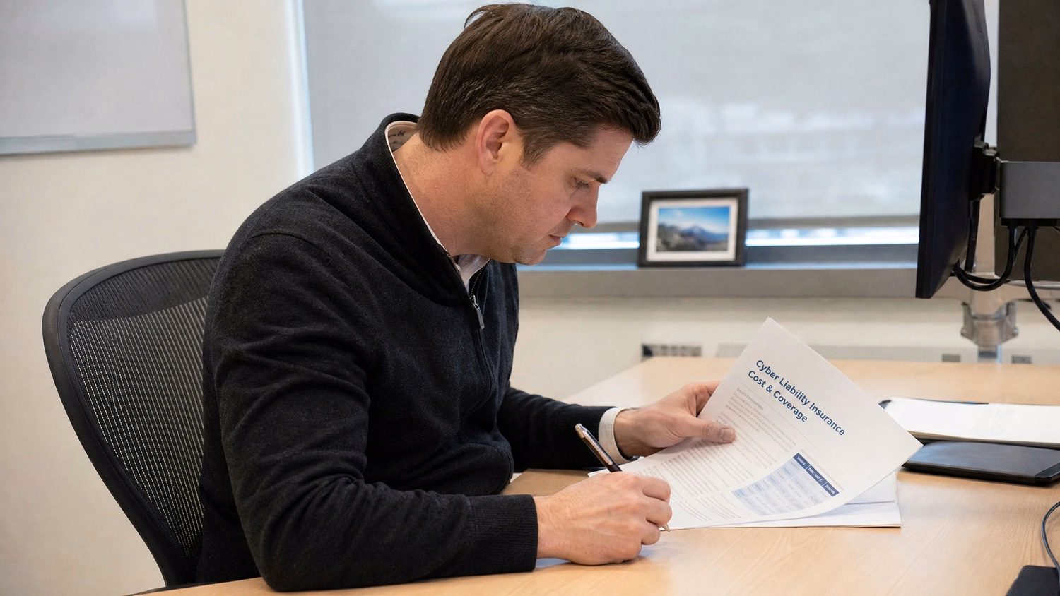 FOCUSED READING An IT professional  one person seated at a desk reading print