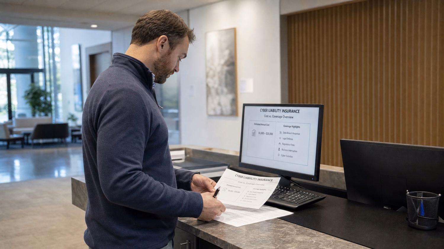 RECEPTION AREA An IT professional  one person standing at a front reception d