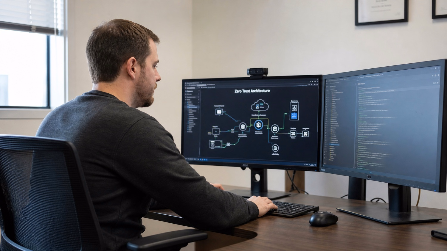 DUAL MONITOR DESK An IT professional  one person at a corner desk with two la