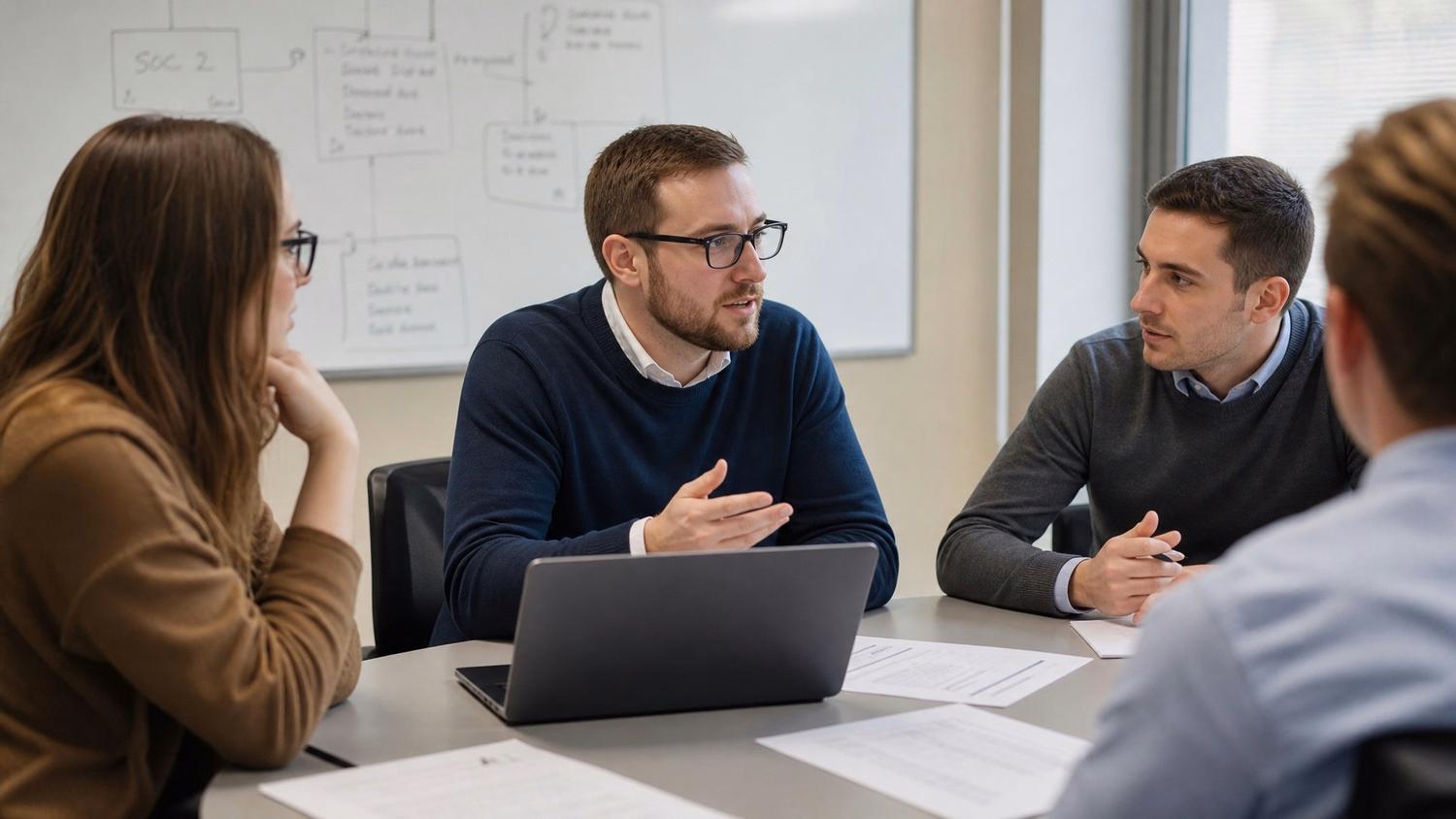 MEETING TABLE An IT professional two to four people seated around a meeting