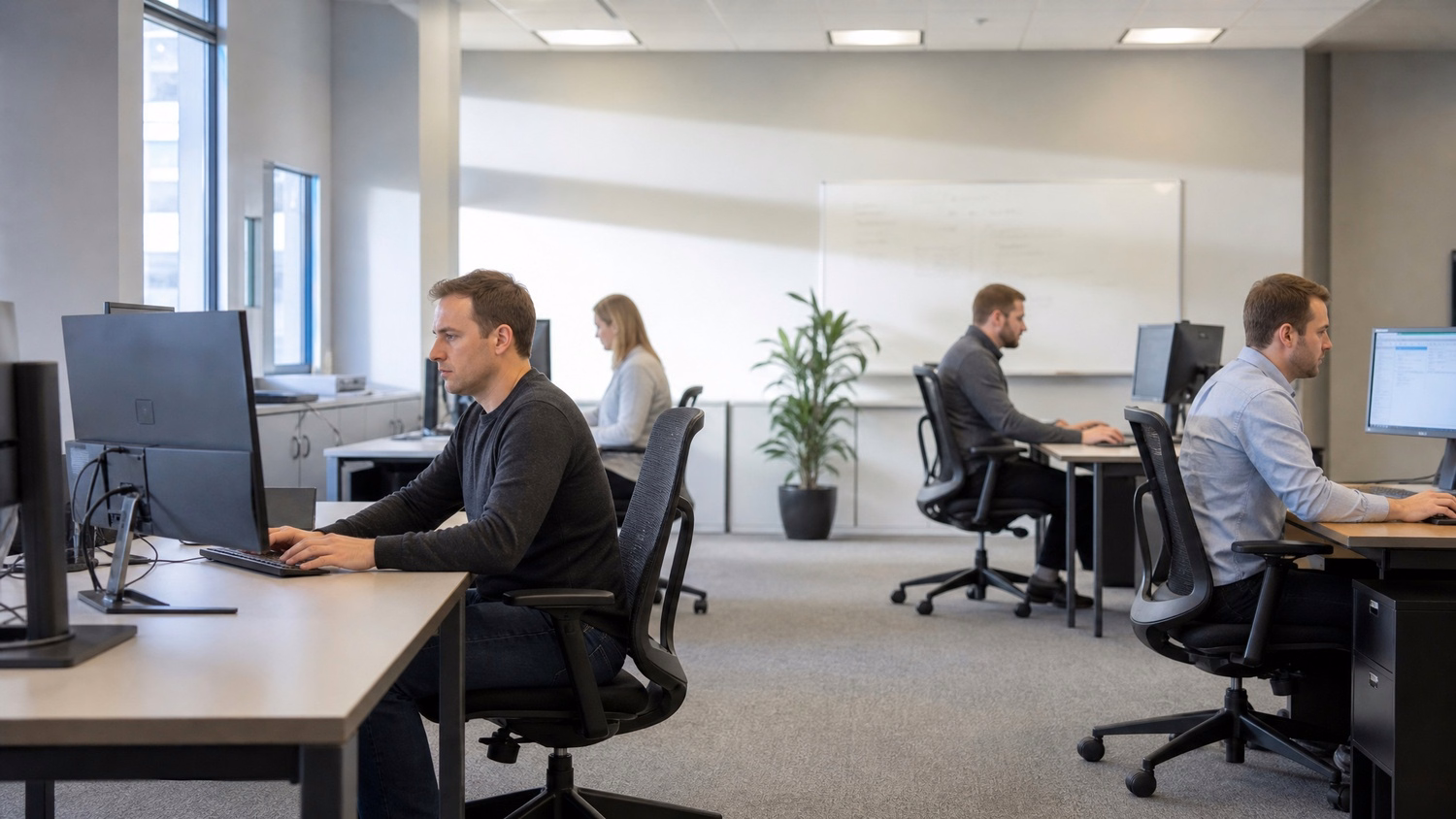 OPEN PLAN WIDE An IT professional wide shot of three or four people at separ