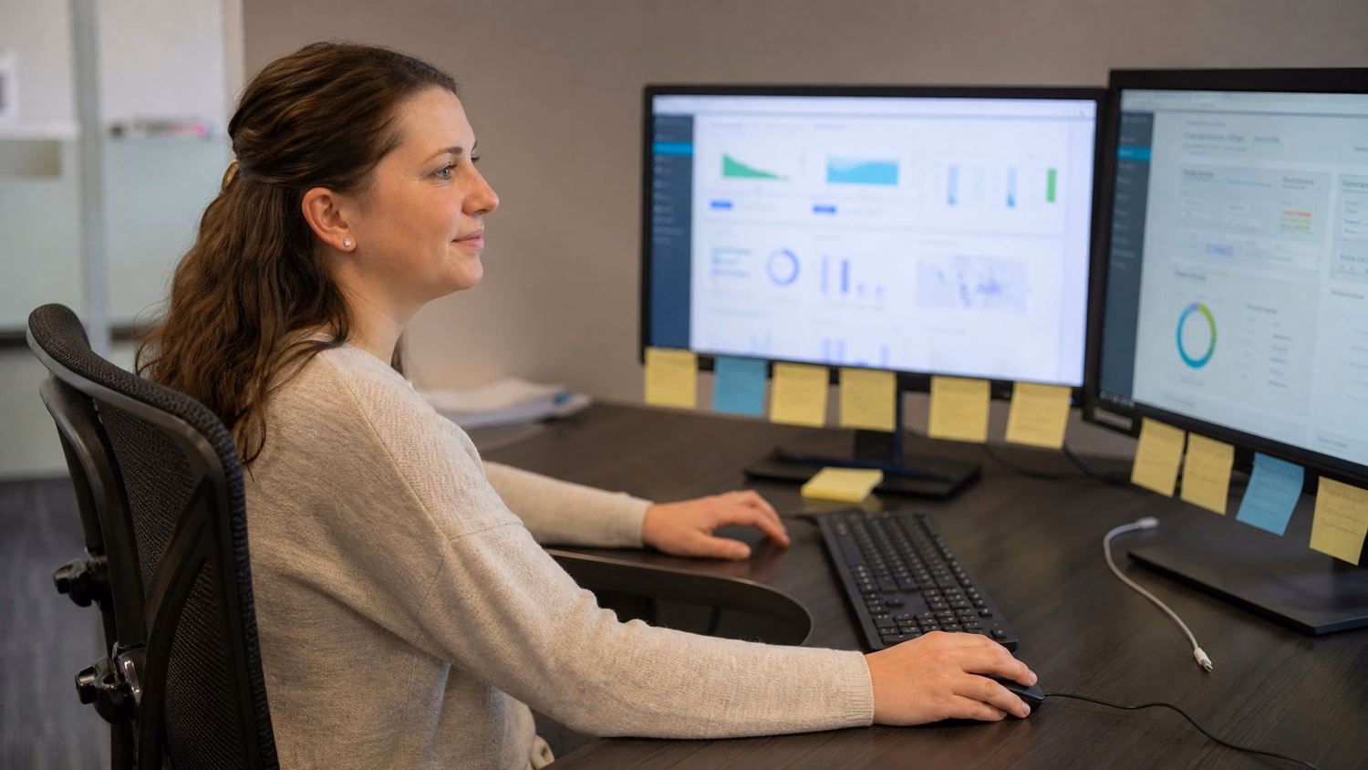 Woman at desk with dual monitors, sticky notes, loose cable