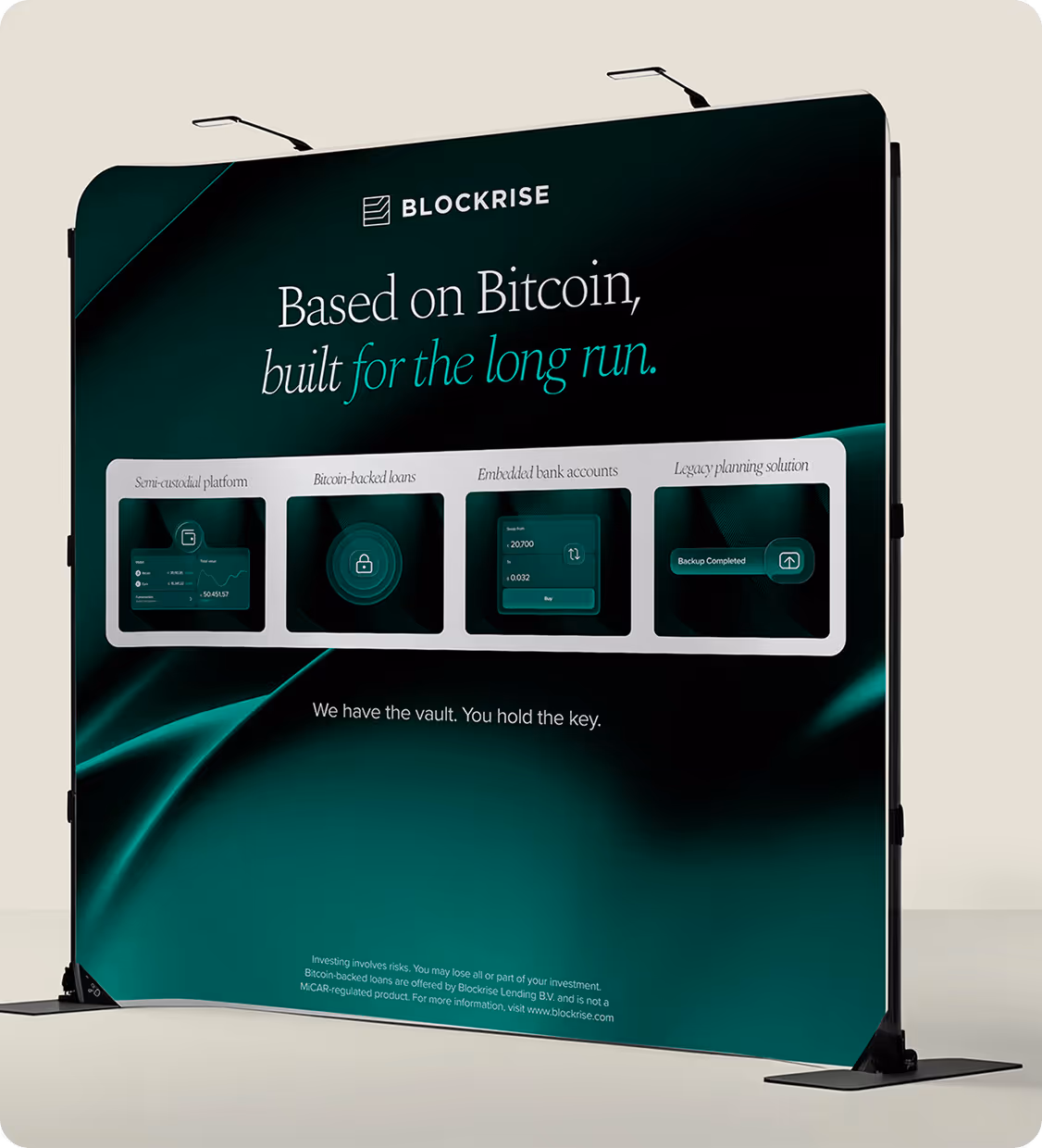 Blockrise banner promoting Bitcoin-based financial solutions with features like semi-custodial platform, Bitcoin-backed loans, embedded bank accounts, and legacy planning.