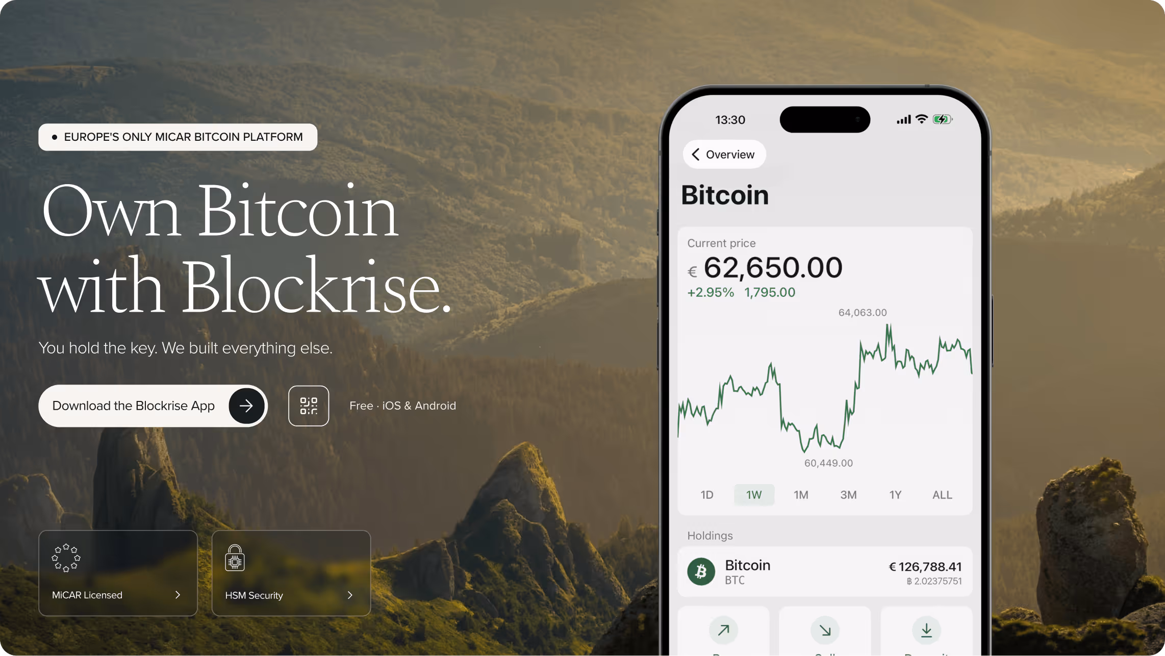 Smartphone screen showing Bitcoin price and chart in the Blockrise app with a mountainous landscape background.