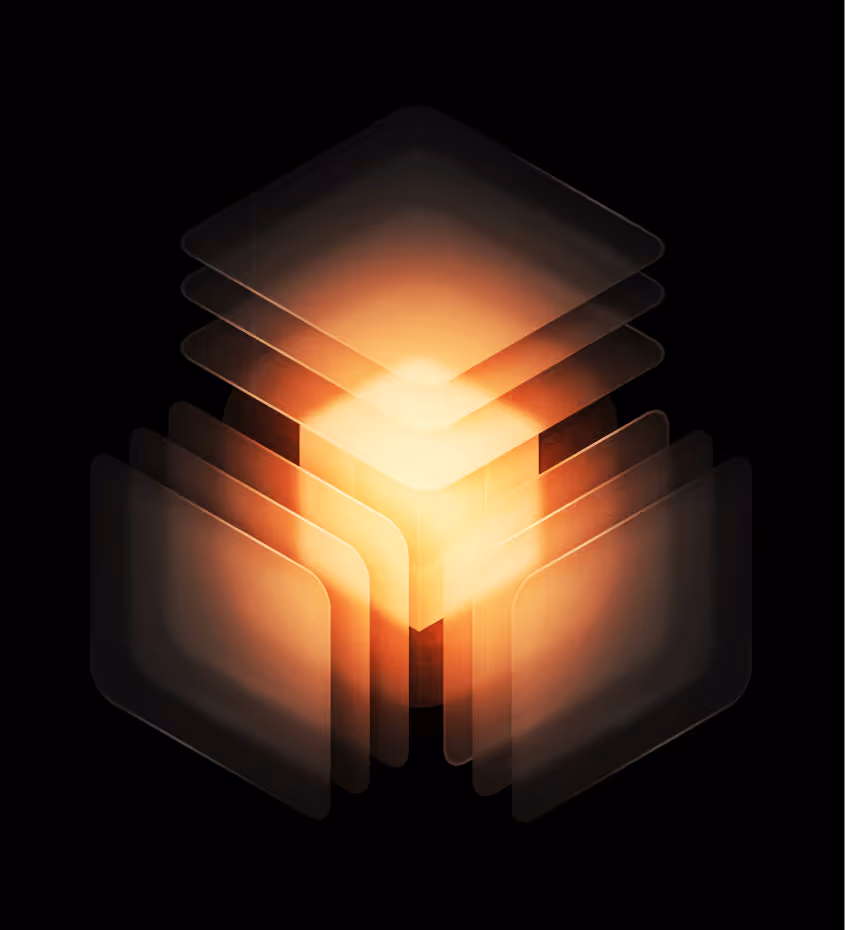 Glowing orange cube surrounded by transparent overlapping square panels on a black background.