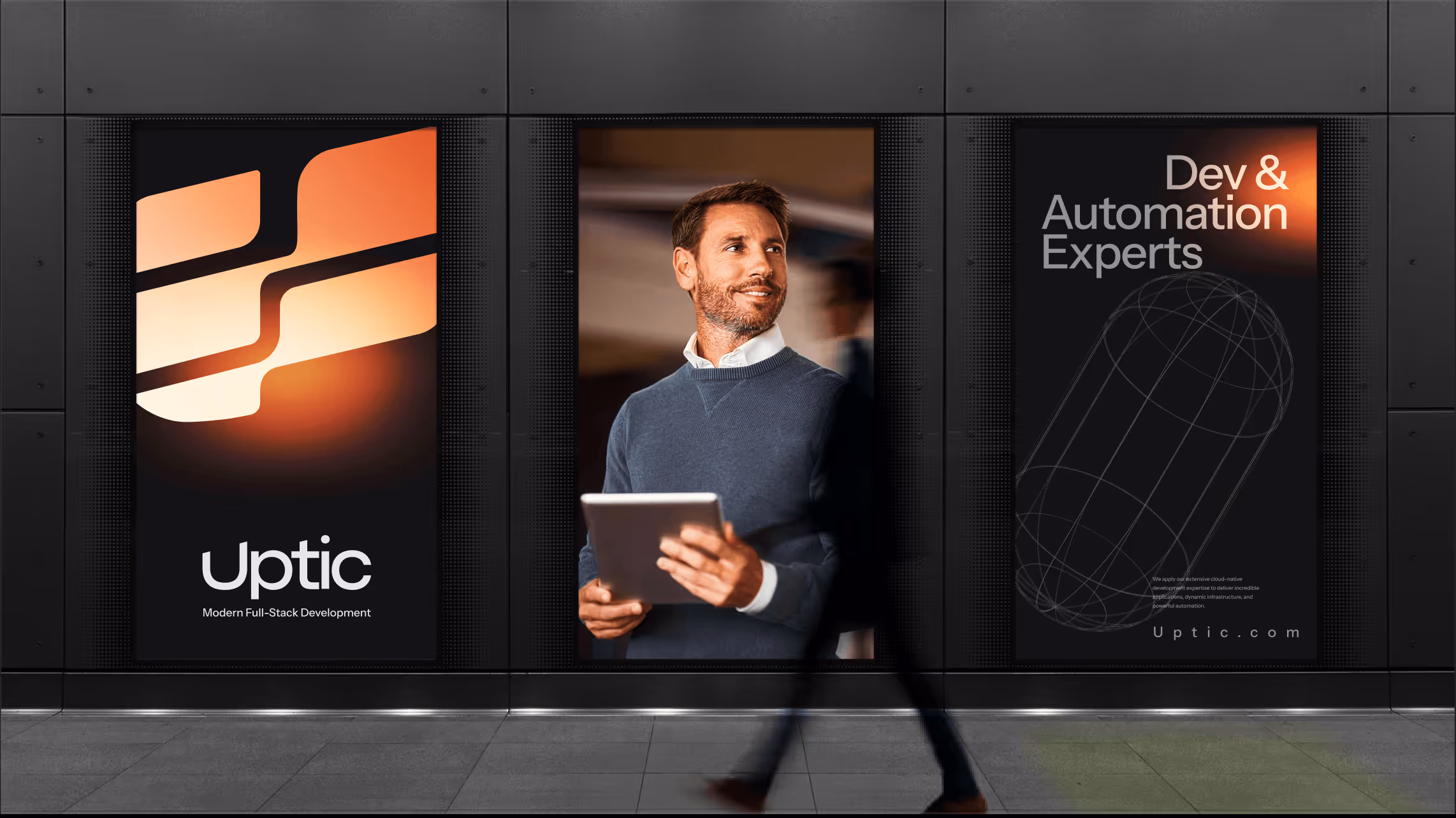 Three vertical digital panels in an urban setting: a glowing abstract logo with 'Uptic Modern Full-Stack Development', a man holding a tablet, and text 'Dev & Automation Experts' with a wireframe capsule graphic.
