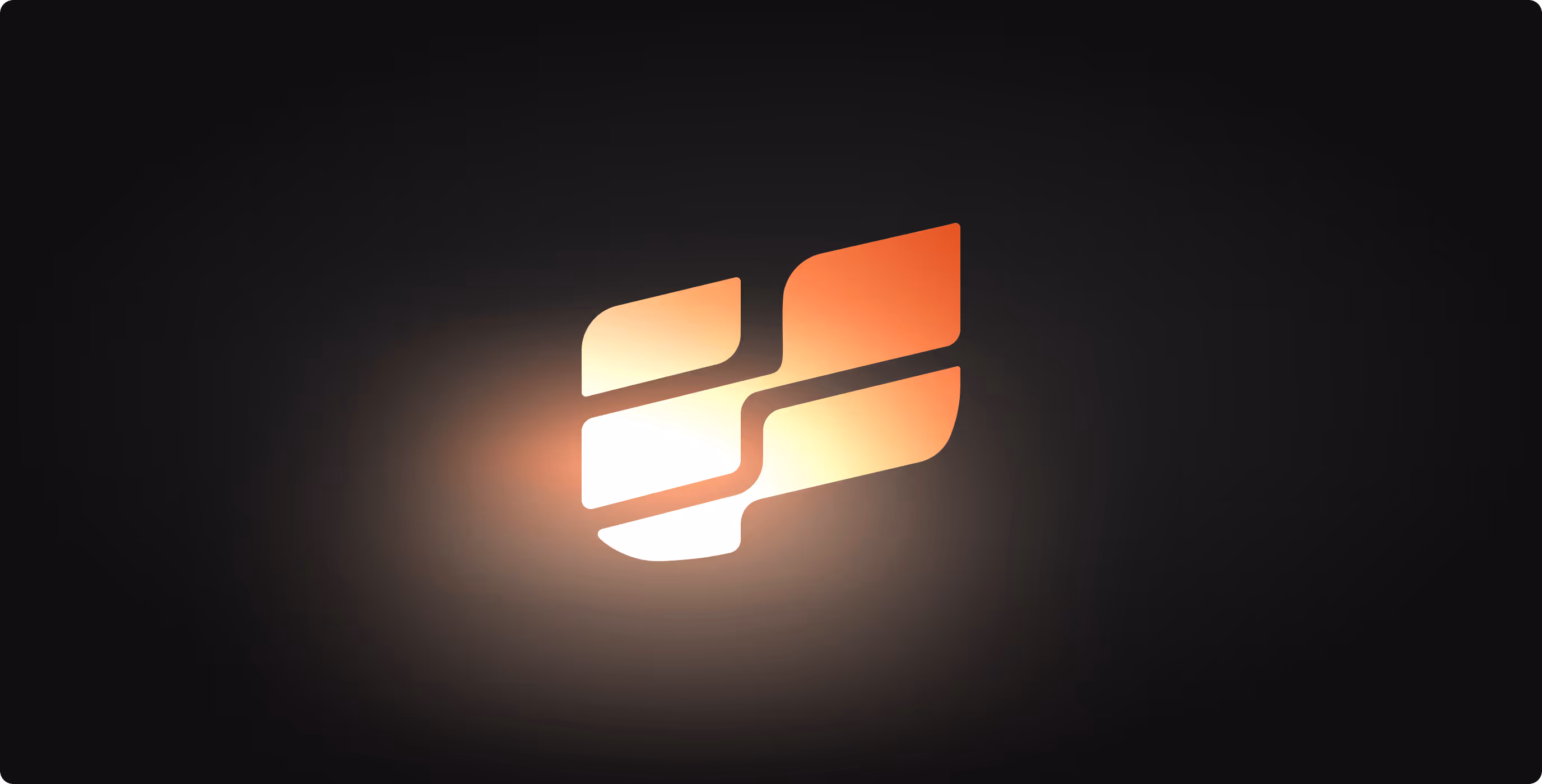 Orange and white stylized shield-like logo glowing on a dark background.