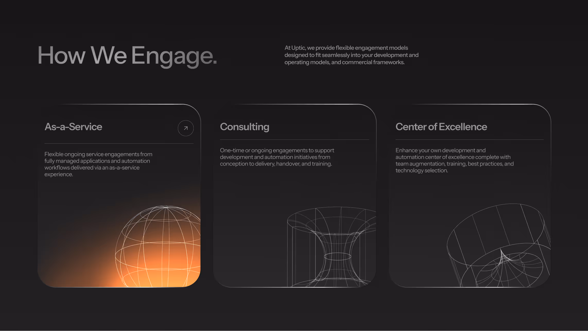 Three engagement models titled As-a-Service, Consulting, and Center of Excellence, each with a description and abstract geometric wireframe shapes at the bottom.