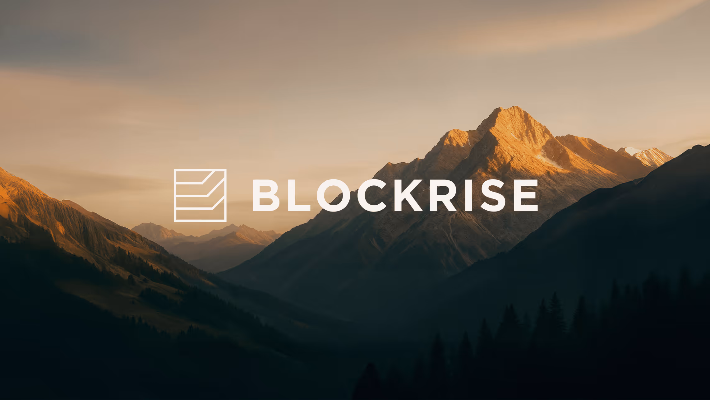 Blockrise logo with a stylized ascending bars icon over a mountain landscape at sunset.