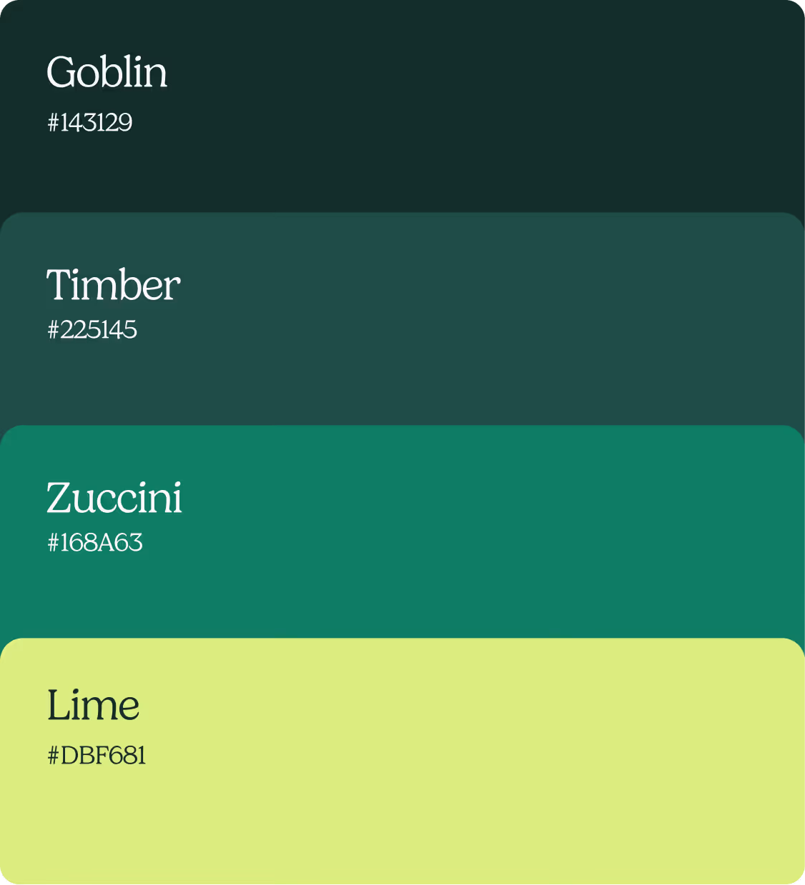 Four color swatches labeled Goblin (#143129), Timber (#225145), Zucchini (#168A63), and Lime (#DBF681) in descending order.