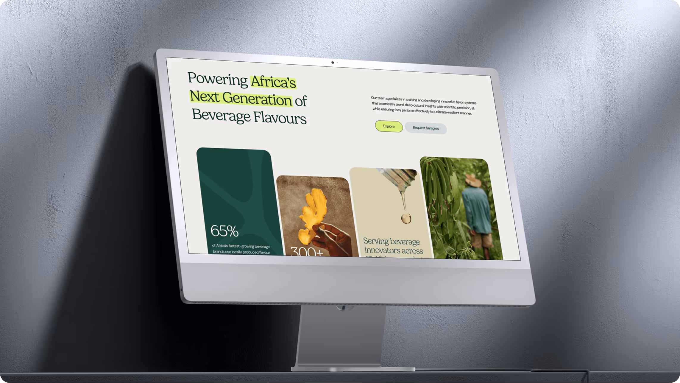 Computer screen displaying a website about powering Africa's next generation of beverage flavors with statistics and images of ingredients and a farmer.