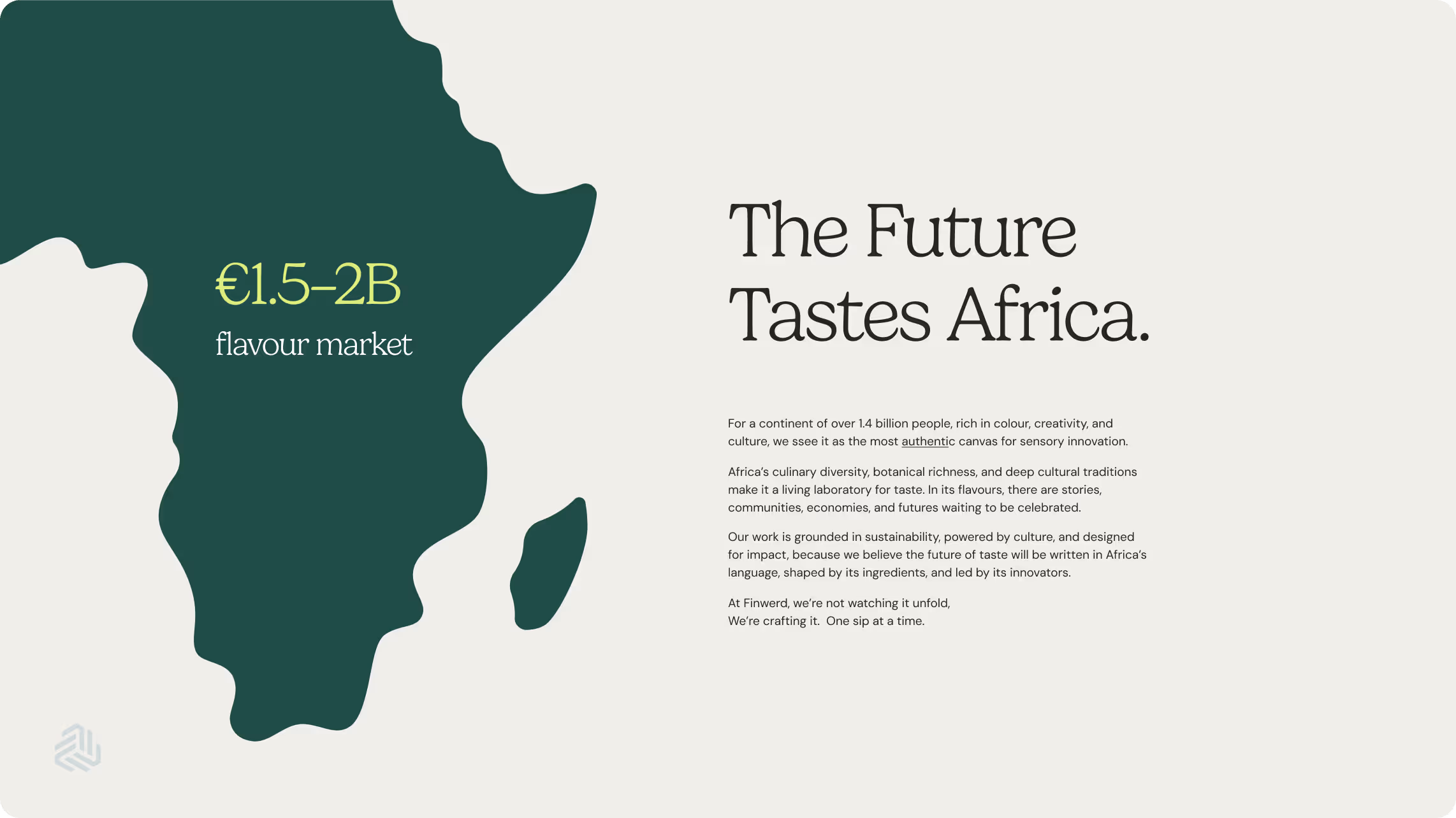 Graphic showing a green silhouette of Africa with text highlighting a €1.5-2B flavour market and a passage titled 'The Future Tastes Africa' describing Africa's culinary diversity and innovation.