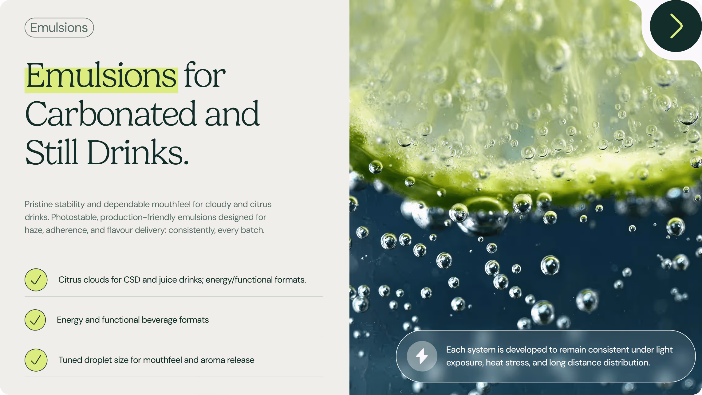 Close-up of a lime slice submerged in a carbonated drink with bubbles rising, next to text about emulsions for carbonated and still drinks.