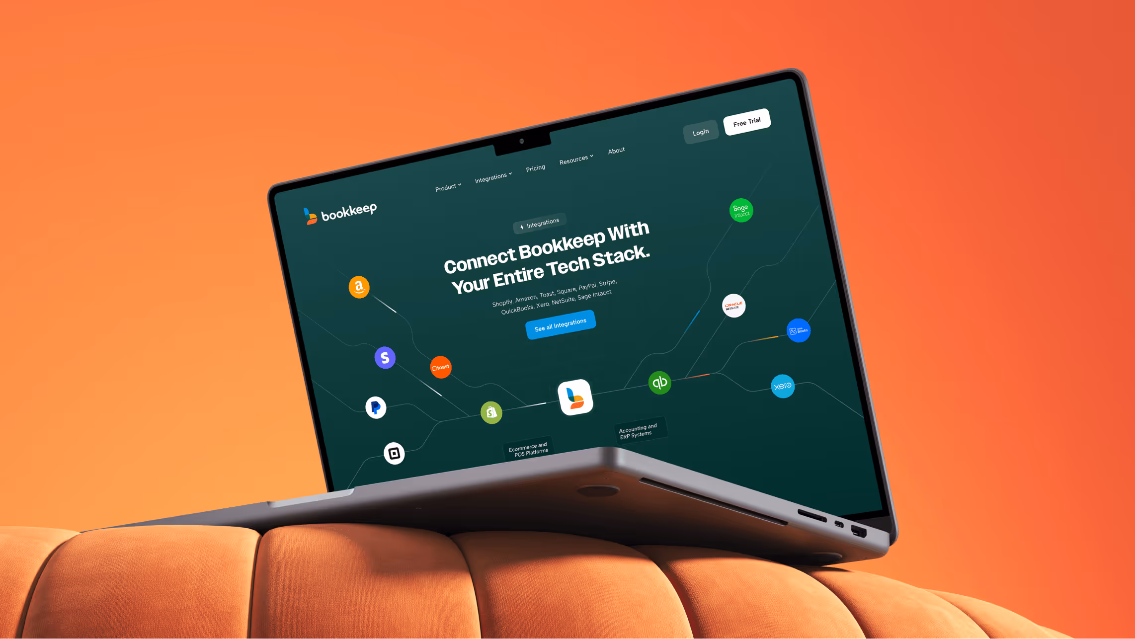 Open laptop displaying Bookkeep integration page with logos of Shopify, Amazon, Toast, Square, PayPal, Stripe, QuickBooks, Xero, NetSuite, and Sage Intacct on an orange background.