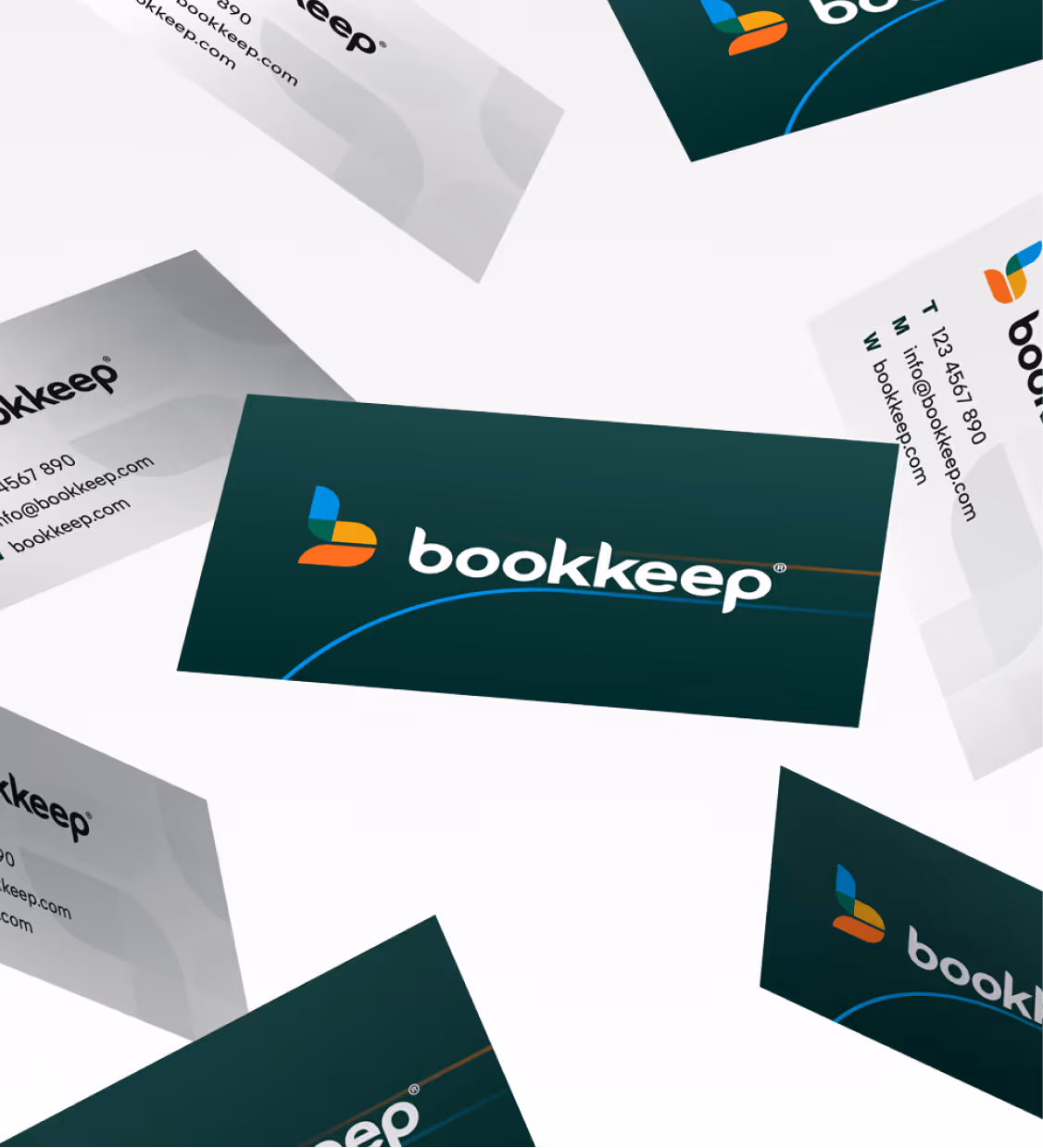 Multiple Bookkeep business cards, some showing the logo with multicolored icon and white text on a dark background, others showing contact details on a white background.