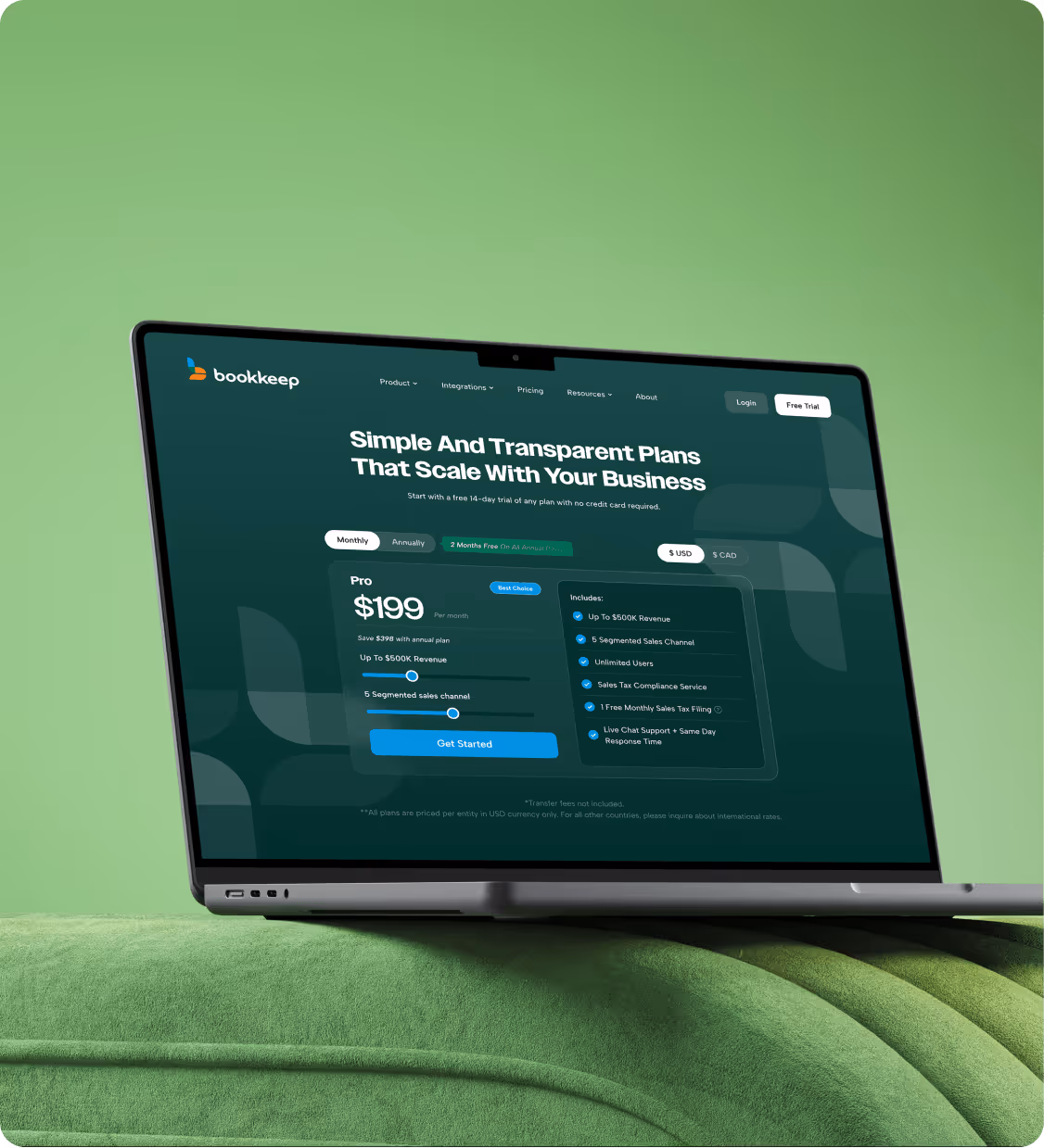 Laptop screen showing pricing plans for Bookkeep with a highlighted Pro plan at $199 per month including revenue, sales channels, and support features.