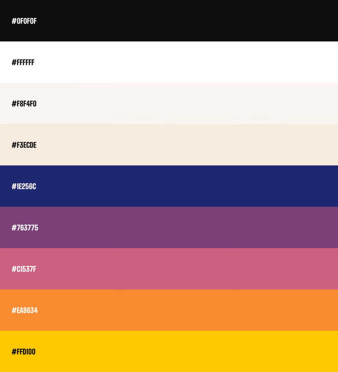 Vertical color palette with eight horizontal stripes labeled with hex codes: black #0F0F0F, white #FFFFFF, off-white #F8F4F0, cream #F3ECDE, dark blue #1E256C, purple #763775, pink #C1537F, orange #EA8634, and yellow #FFD100.