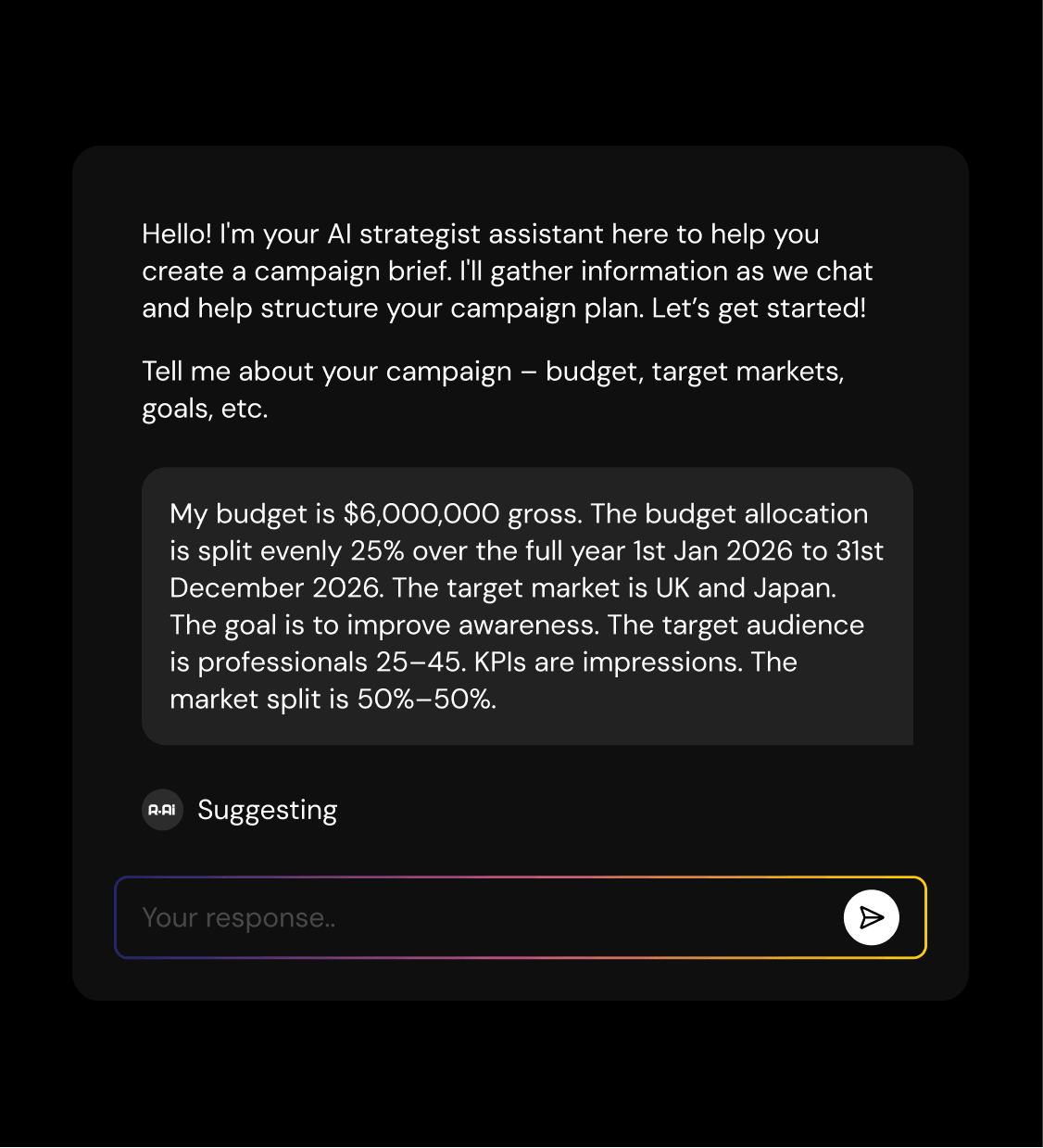 Chat interface where AI strategist assistant asks for campaign details; user provides a $6,000,000 budget split 25% quarterly for 2026 targeting UK and Japan professionals aged 25-45 to improve awareness, with KPIs as impressions and market split 50%-50%.