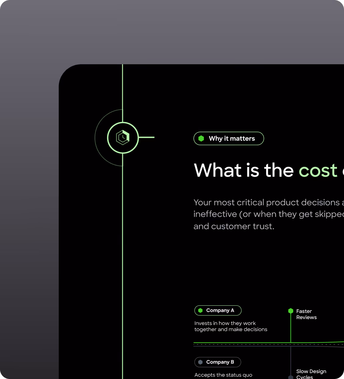 Infographic comparing Company A and Company B's product decision impacts, highlighting that Company A invests in collaboration leading to faster reviews, while Company B accepts the status quo causing slow design cycles.