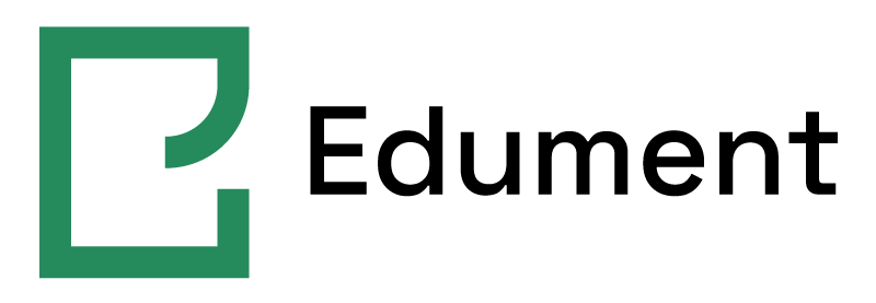 Edument logotyp med stiliserad grön ruta och text i svart.