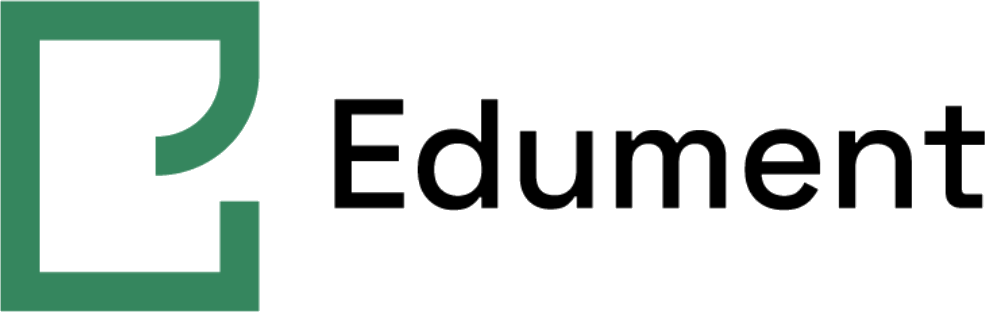 Edument företagslogotyp med grönt abstrakt symbol till vänster och svart text till höger.