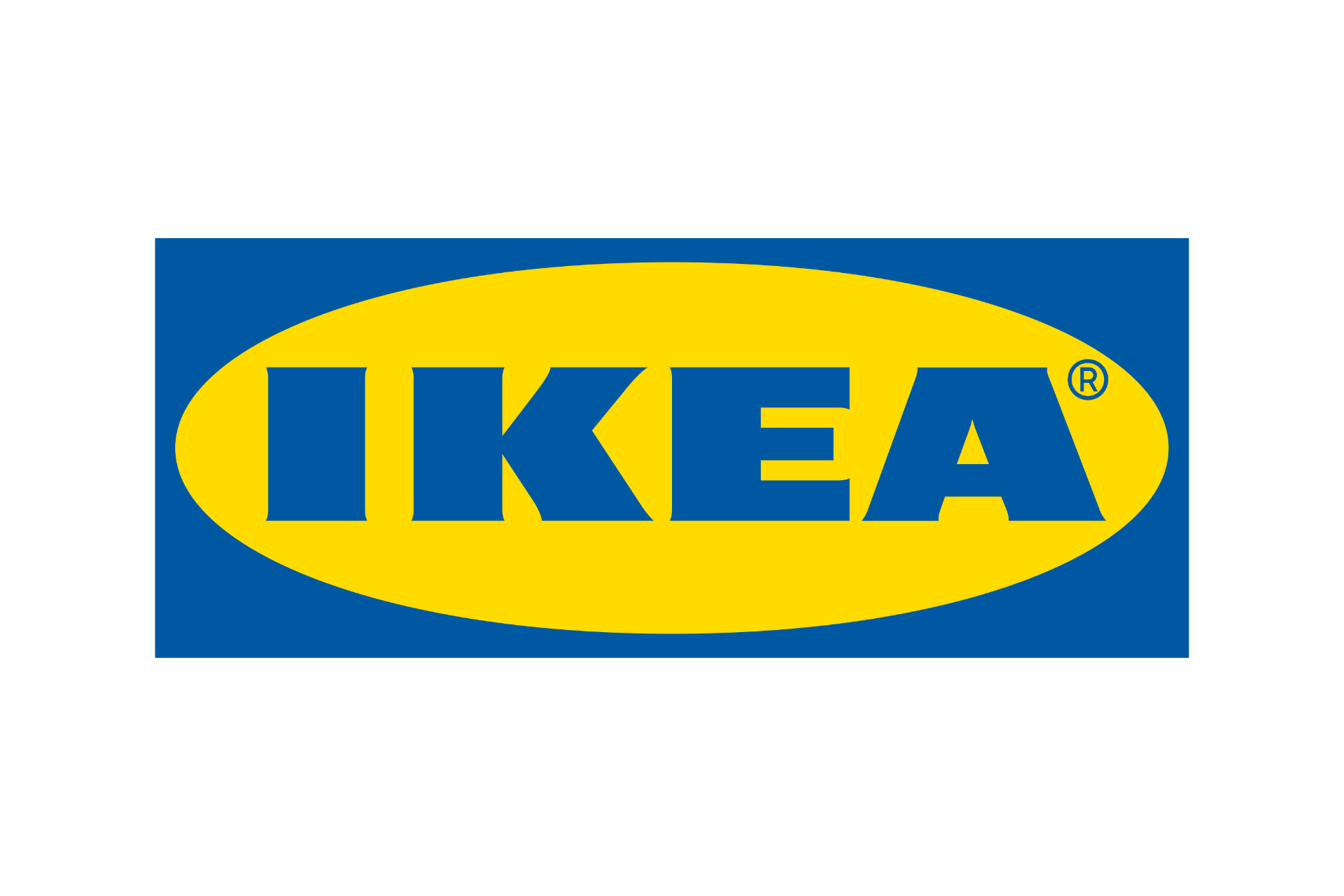 IKEA logotyp med blå text på gul oval bakgrund och blå rektangel runtom.