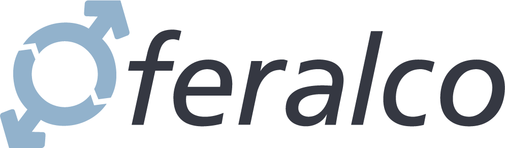 Logotyp för Feralco med en blå cirkel och pilar bredvid företagets namn.